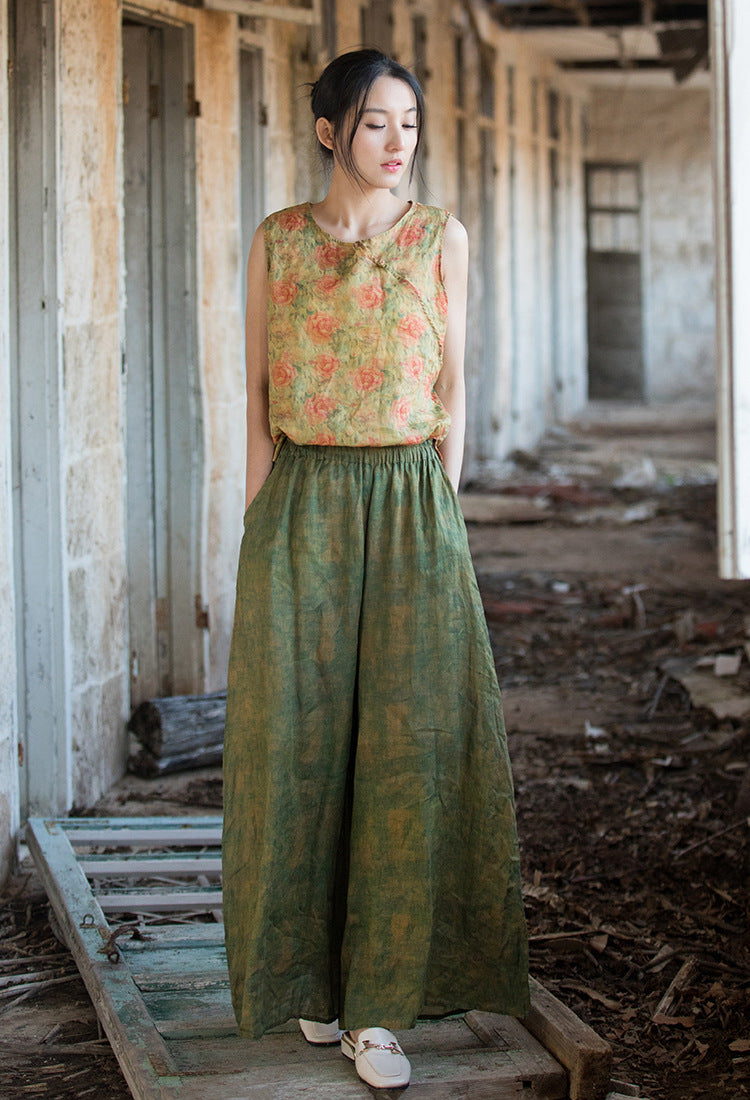 Summer printed linen wide-leg pants, elastic waist cotton linen wide-leg pants, women loose casual linen pants