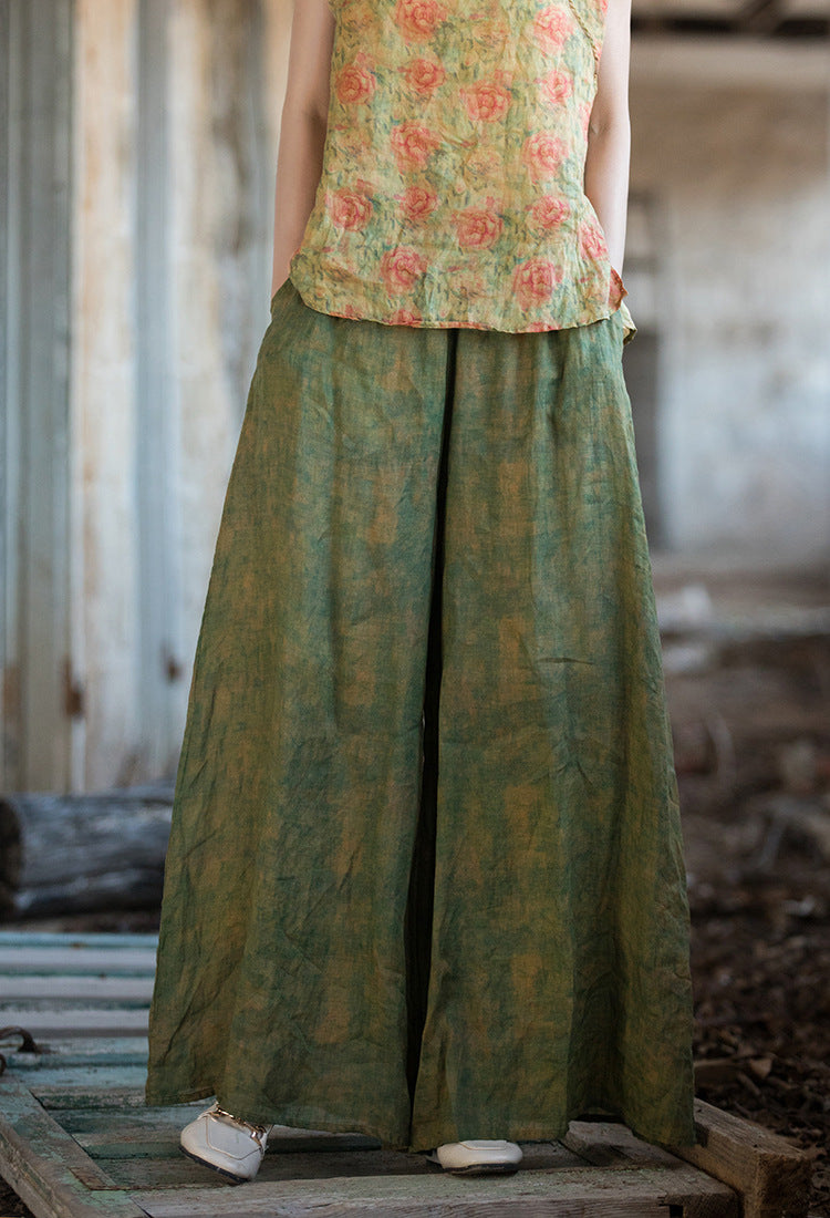 Summer printed linen wide-leg pants, elastic waist cotton linen wide-leg pants, women loose casual linen pants