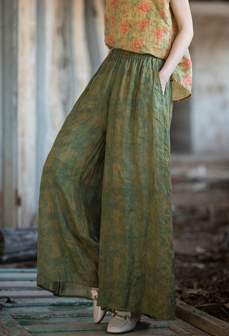 Summer printed linen wide-leg pants, elastic waist cotton linen wide-leg pants, women loose casual linen pants