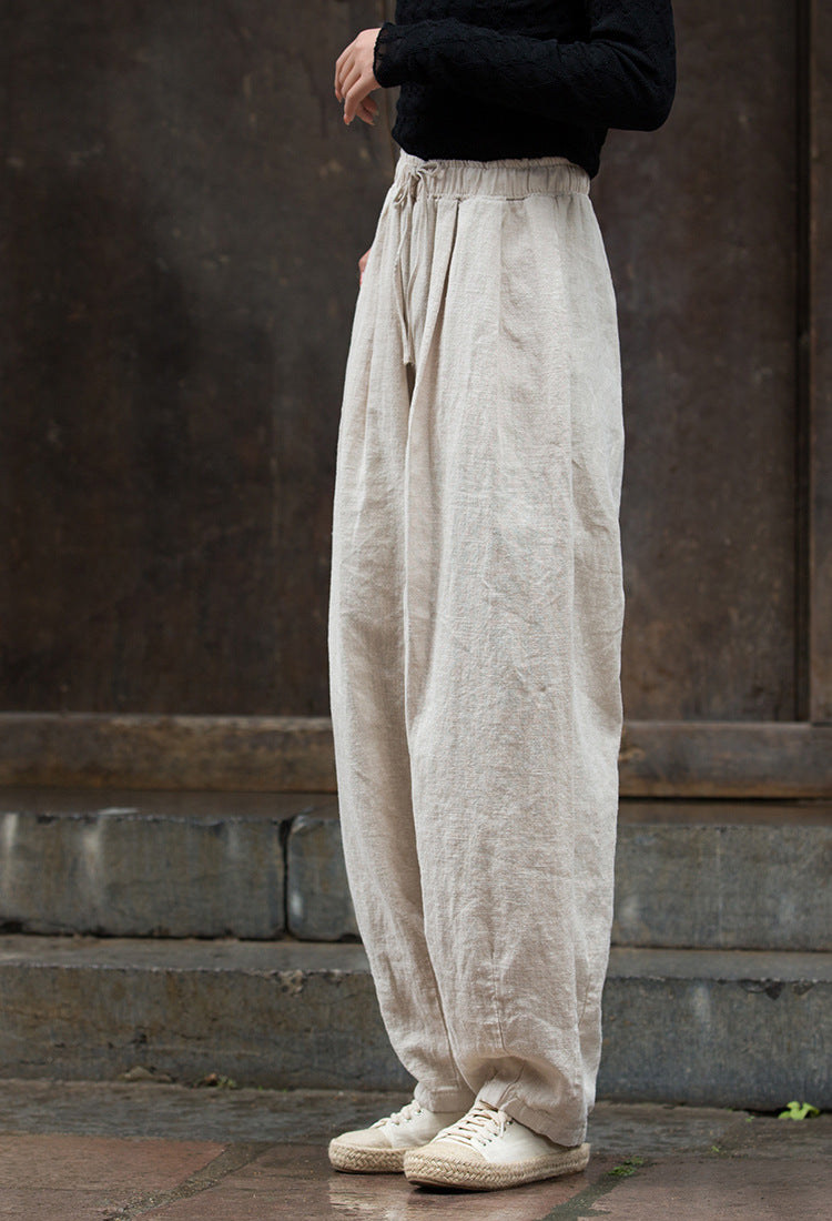 Vintage Beige Elastic Waist Summer Linen Pants