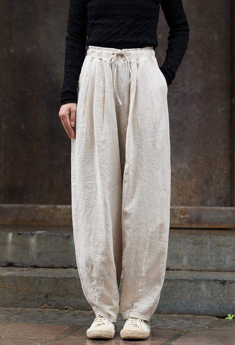 Vintage Beige Elastic Waist Summer Linen Pants