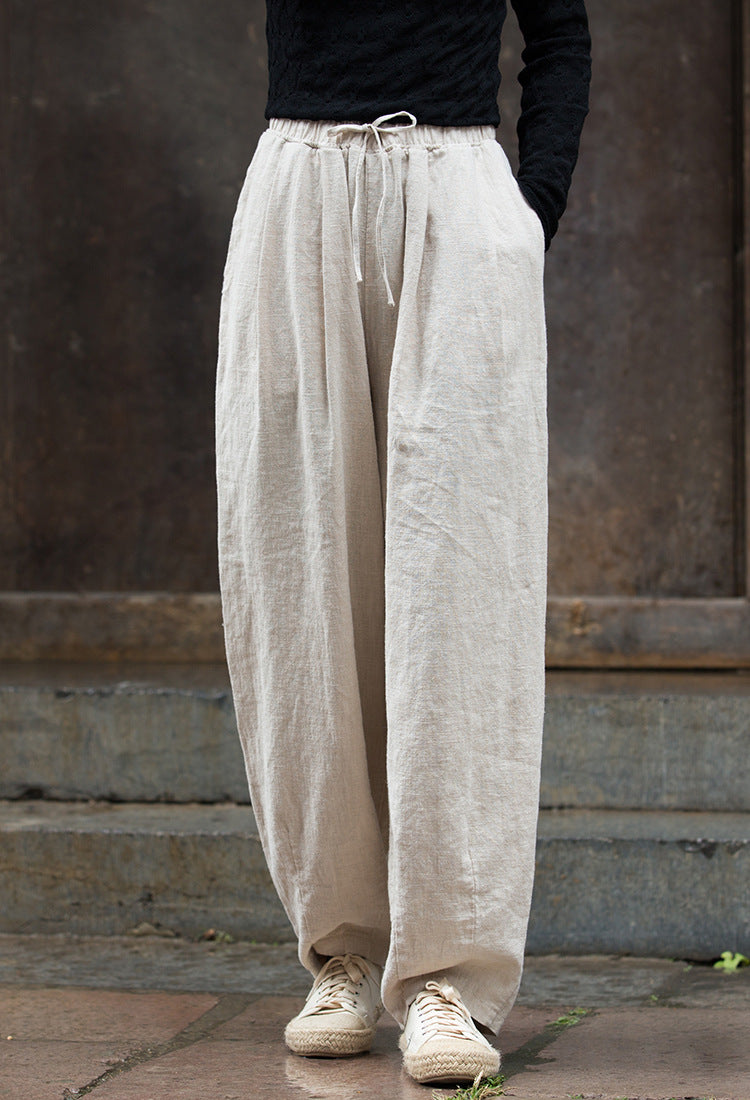 Vintage Beige Elastic Waist Summer Linen Pants