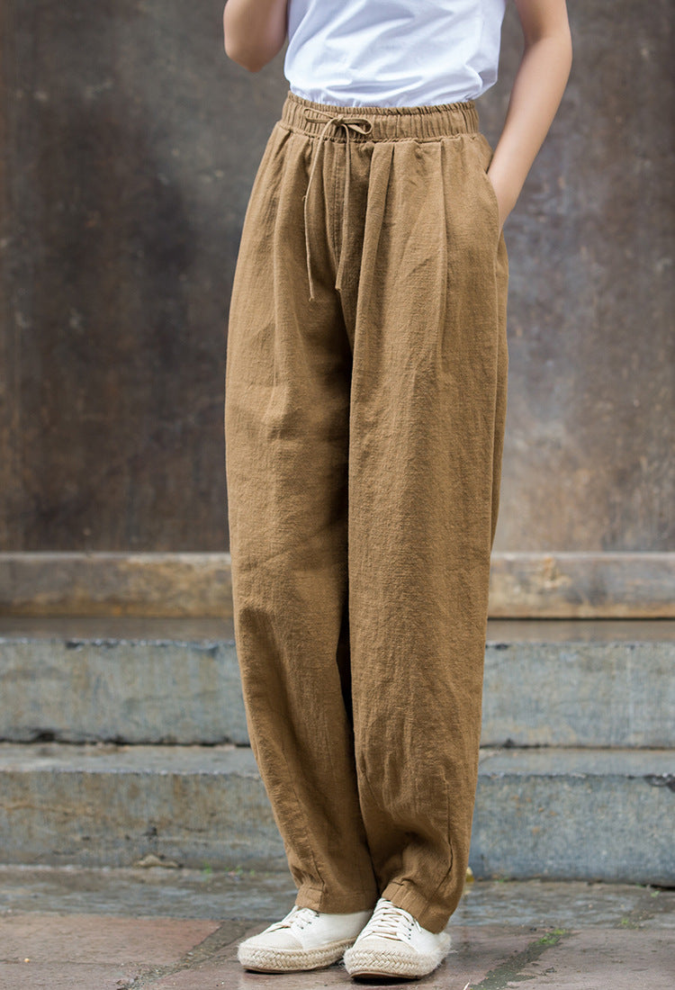 Vintage Beige Elastic Waist Summer Linen Pants