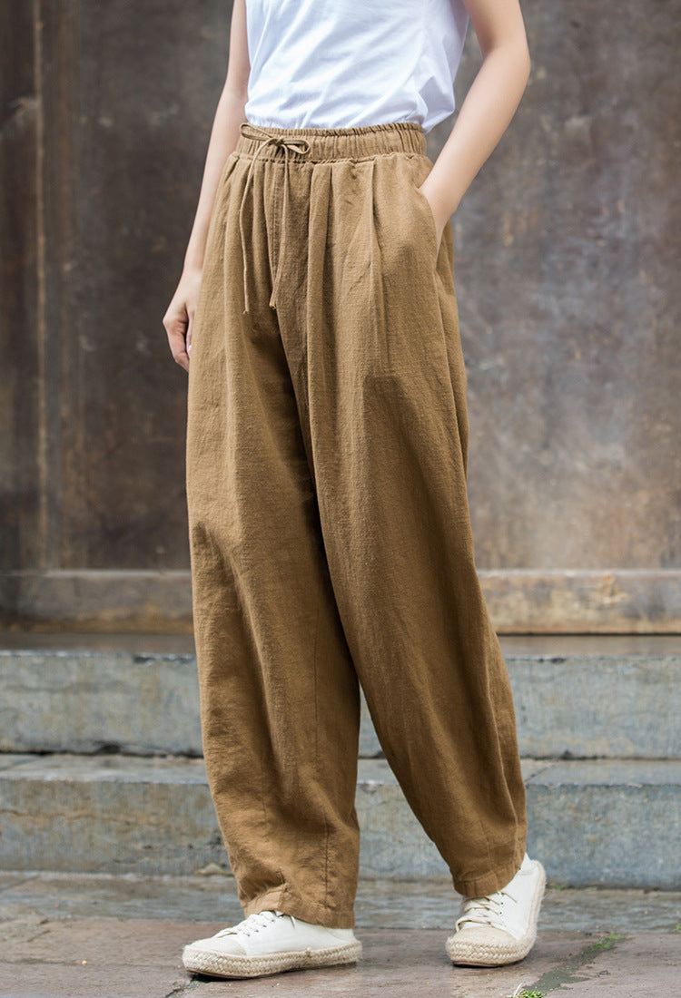 Vintage Beige Elastic Waist Summer Linen Pants