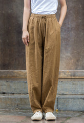 Vintage Beige Elastic Waist Summer Linen Pants