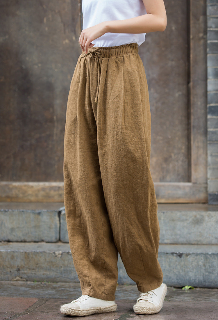 Vintage Beige Elastic Waist Summer Linen Pants