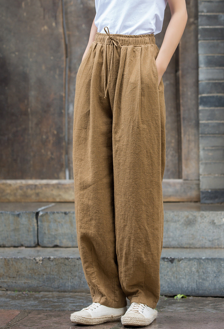 Vintage Beige Elastic Waist Summer Linen Pants