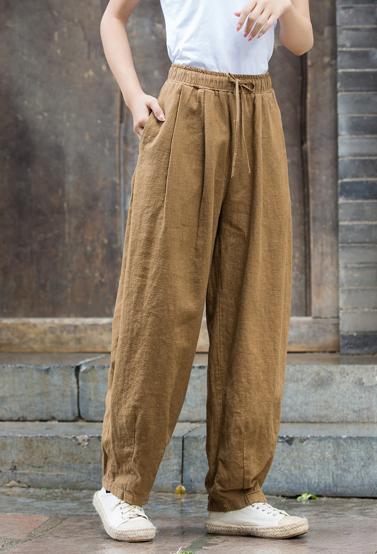 Vintage Beige Elastic Waist Summer Linen Pants