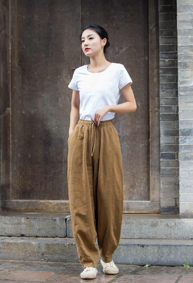 Vintage Beige Elastic Waist Summer Linen Pants