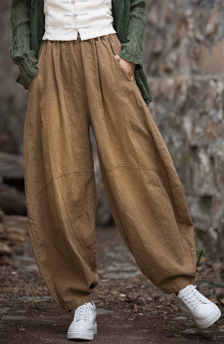 Vintage stonewashed elastic waist summer linen pants