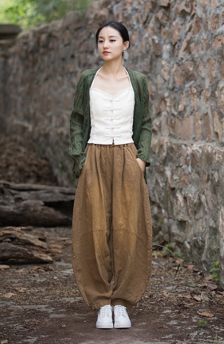 Vintage stonewashed elastic waist summer linen pants