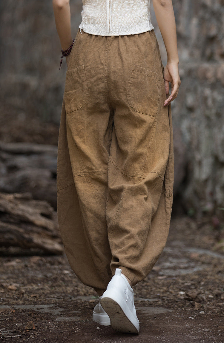 Vintage stonewashed elastic waist summer linen pants