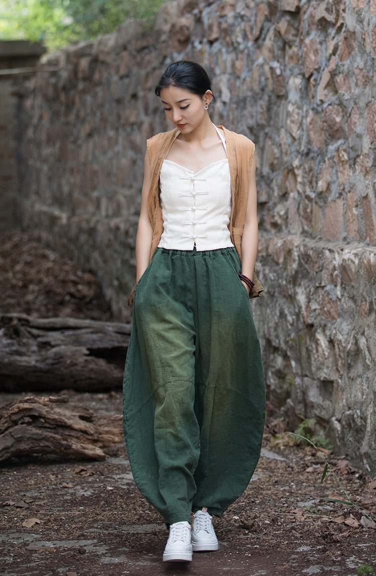 Vintage stonewashed elastic waist summer linen pants