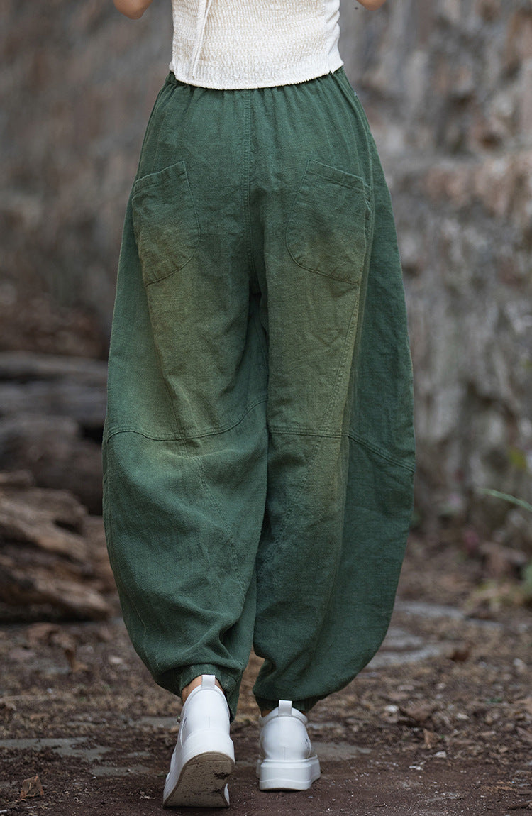 Vintage stonewashed elastic waist summer linen pants