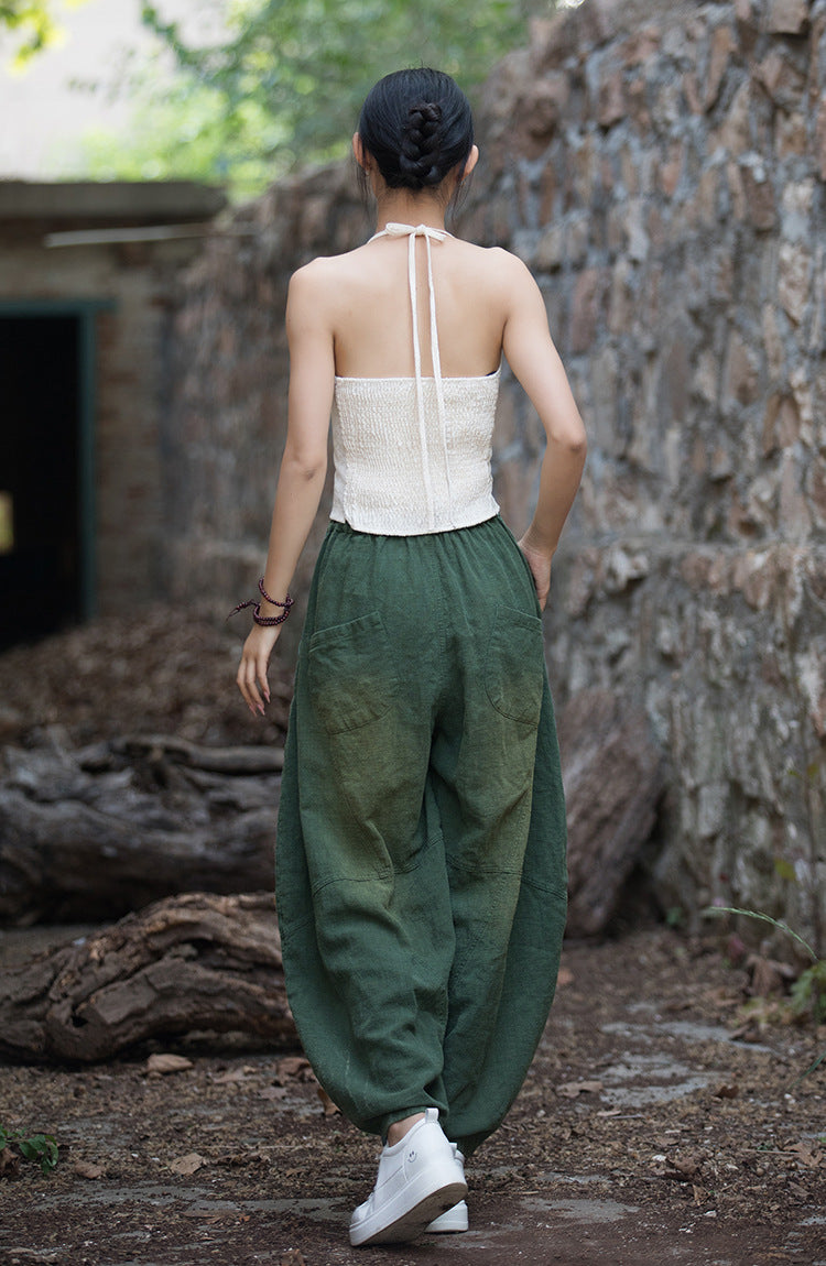 Vintage stonewashed elastic waist summer linen pants