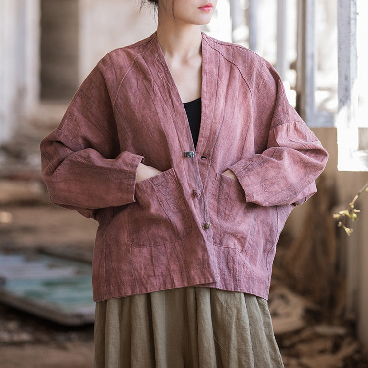 Vintage linen kimono, loose casual V-neck jacket