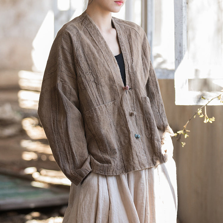 Vintage linen kimono, loose casual V-neck jacket