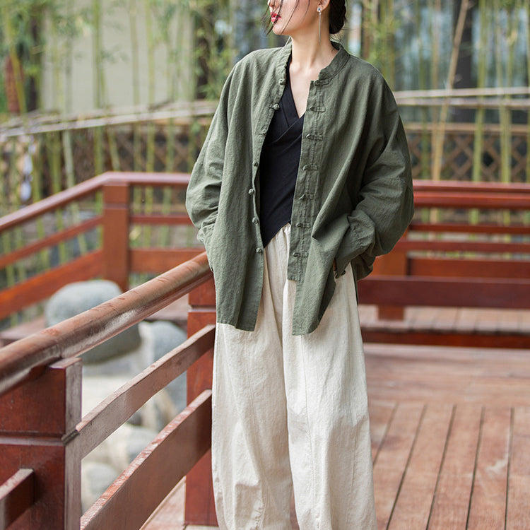 Vintage stand-up collar loose cotton linen shirt, Chinese casual linen frog button shirt plus size