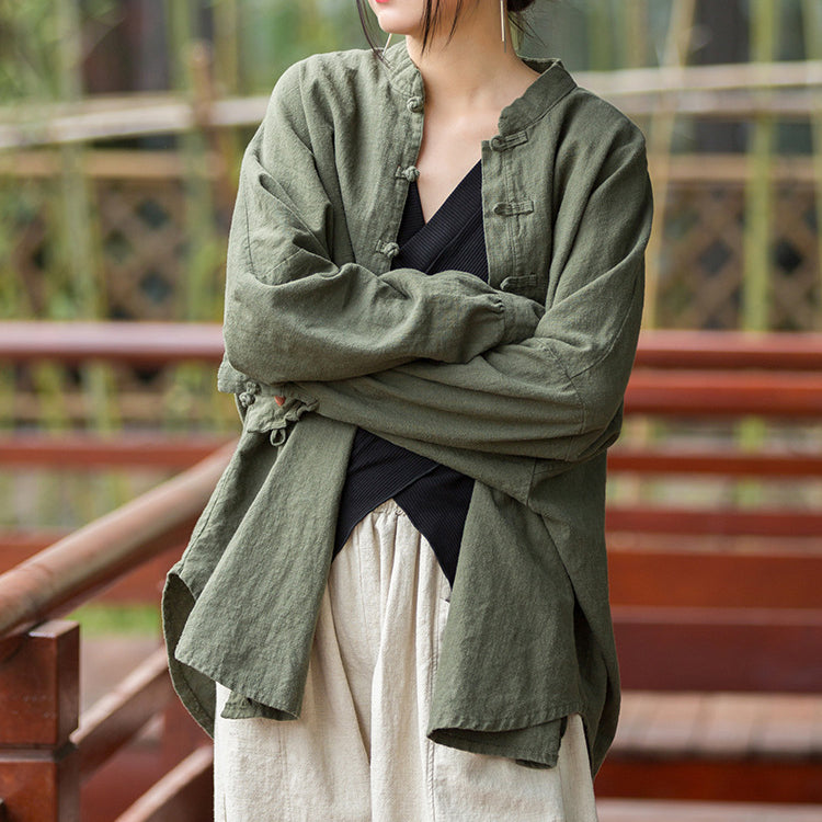 Vintage stand-up collar loose cotton linen shirt, Chinese casual linen frog button shirt plus size