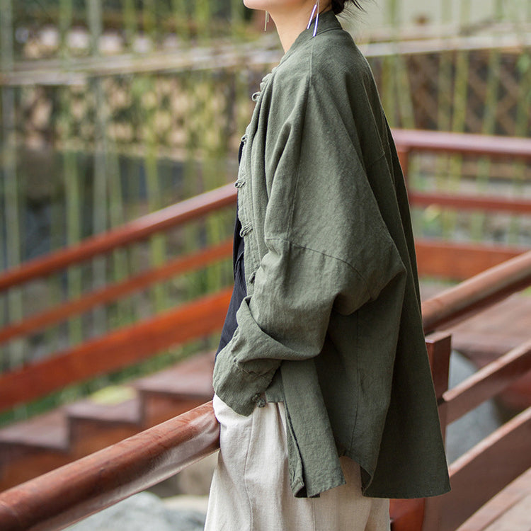 Vintage stand-up collar loose cotton linen shirt, Chinese casual linen frog button shirt plus size