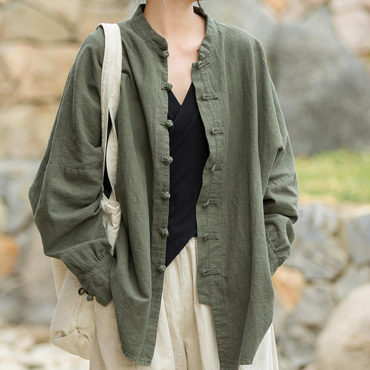 Vintage stand-up collar loose cotton linen shirt, Chinese casual linen frog button shirt plus size