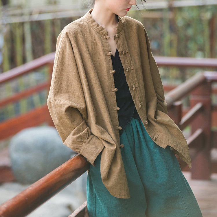 Vintage stand-up collar loose cotton linen shirt, Chinese casual linen frog button shirt plus size