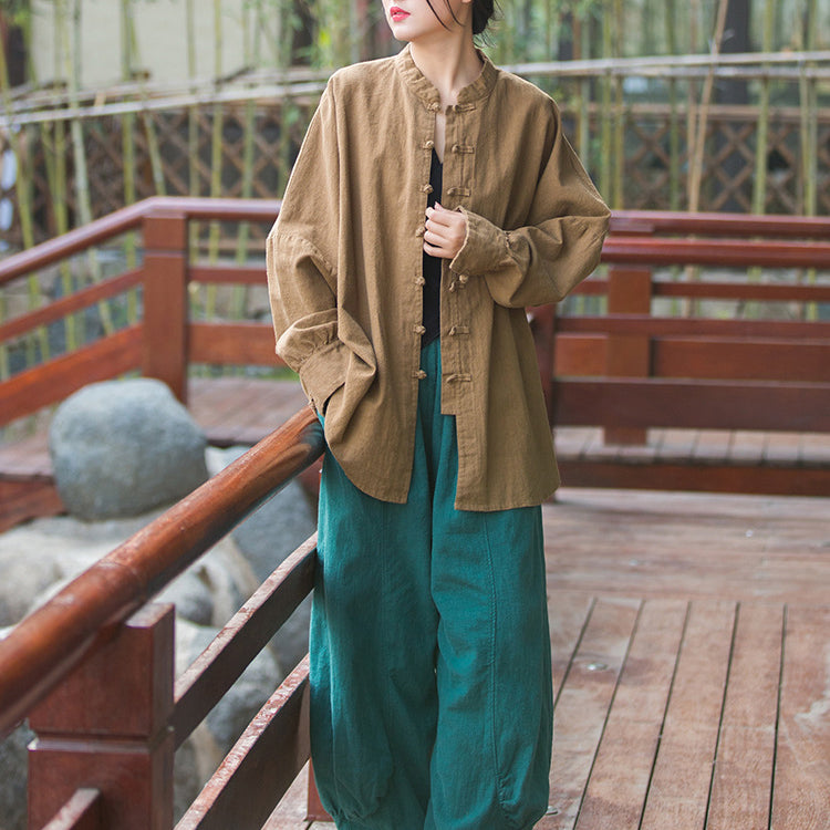 Vintage stand-up collar loose cotton linen shirt, Chinese casual linen frog button shirt plus size