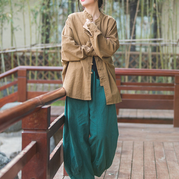 Vintage stand-up collar loose cotton linen shirt, Chinese casual linen frog button shirt plus size