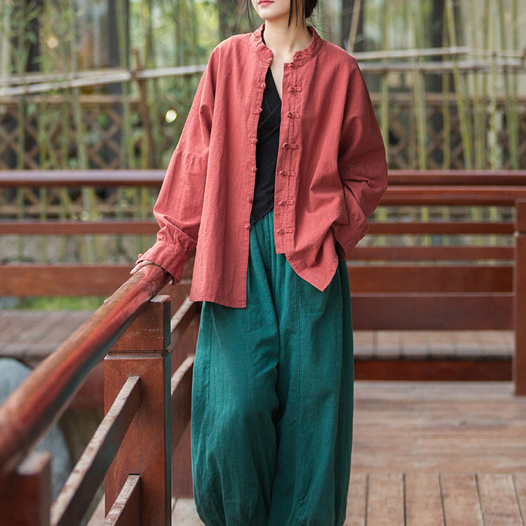 Vintage stand-up collar loose cotton linen shirt, Chinese casual linen frog button shirt plus size