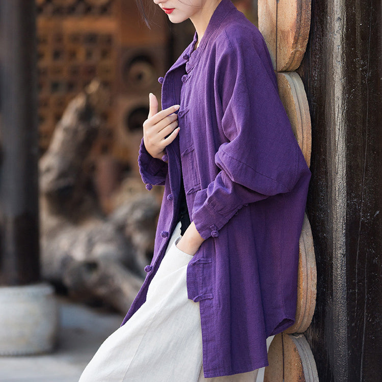 Vintage stand-up collar loose cotton linen shirt, Chinese casual linen frog button shirt plus size