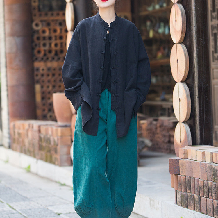 Vintage stand-up collar loose cotton linen shirt, Chinese casual linen frog button shirt plus size