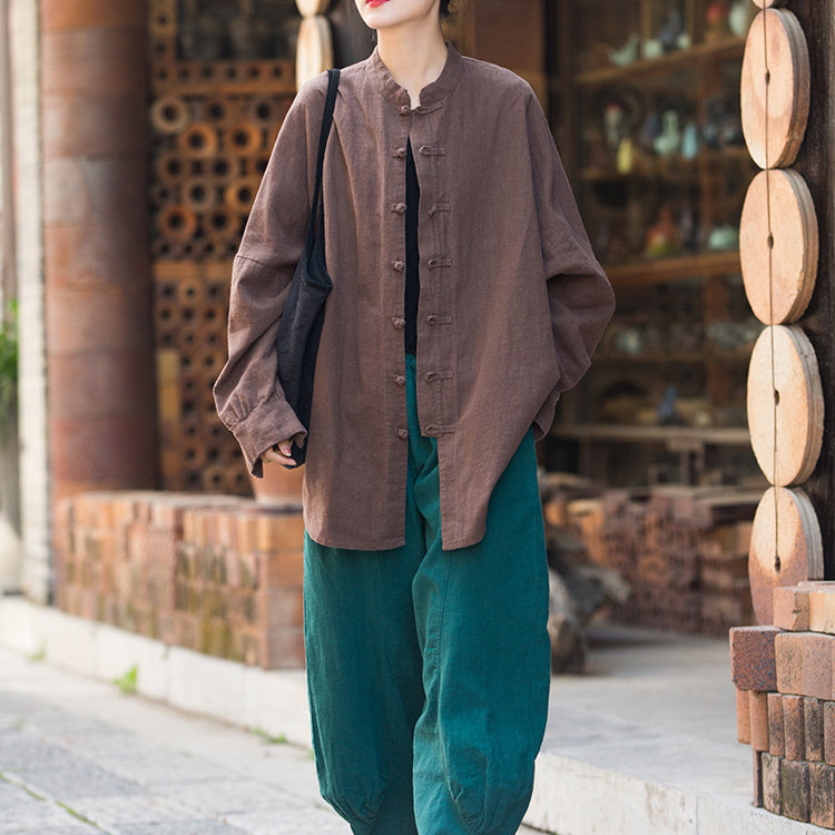 Vintage stand-up collar loose cotton linen shirt, Chinese casual linen frog button shirt plus size