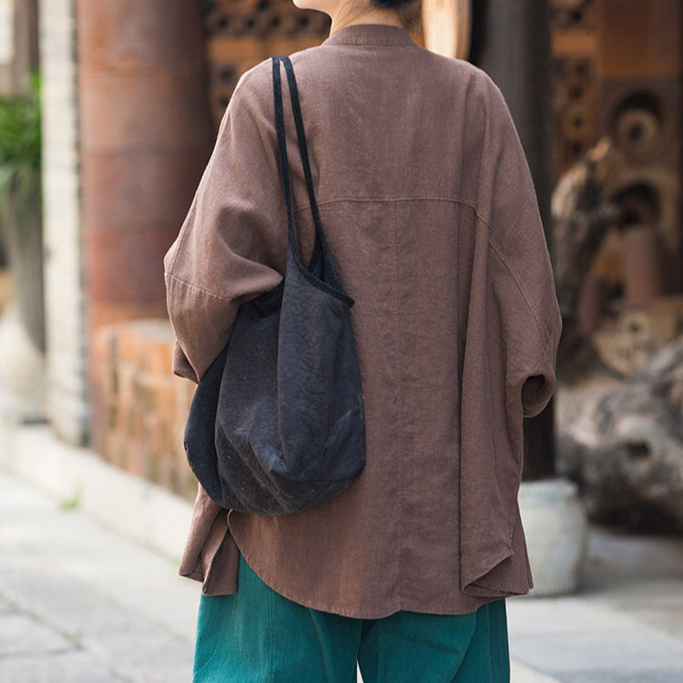 Vintage stand-up collar loose cotton linen shirt, Chinese casual linen frog button shirt plus size