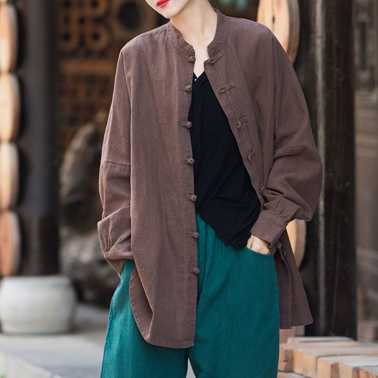 Vintage stand-up collar loose cotton linen shirt, Chinese casual linen frog button shirt plus size