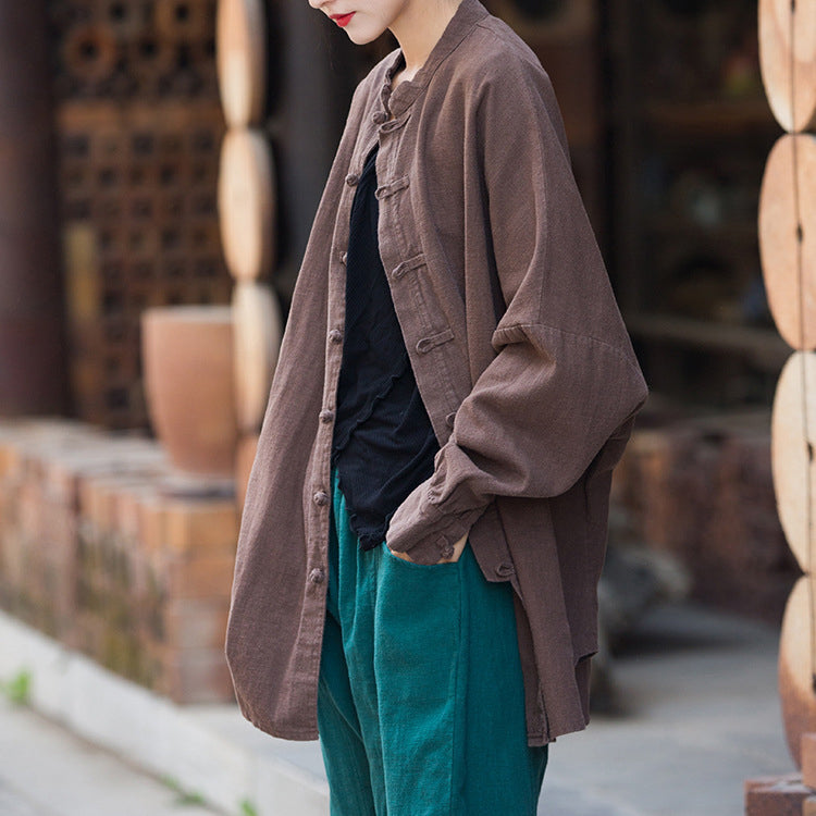 Vintage stand-up collar loose cotton linen shirt, Chinese casual linen frog button shirt plus size