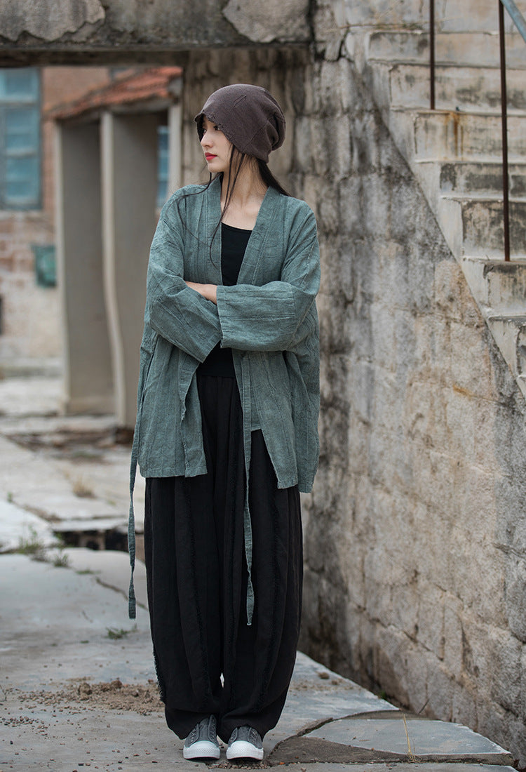 Vintage linen kimono, loose casual stonewashed jacket