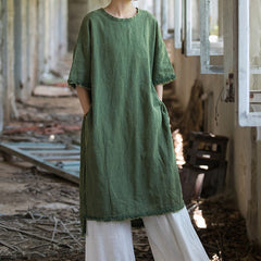 Loose Cotton Linen Dress, Vintage Casual Cotton Linen Washed Dresses