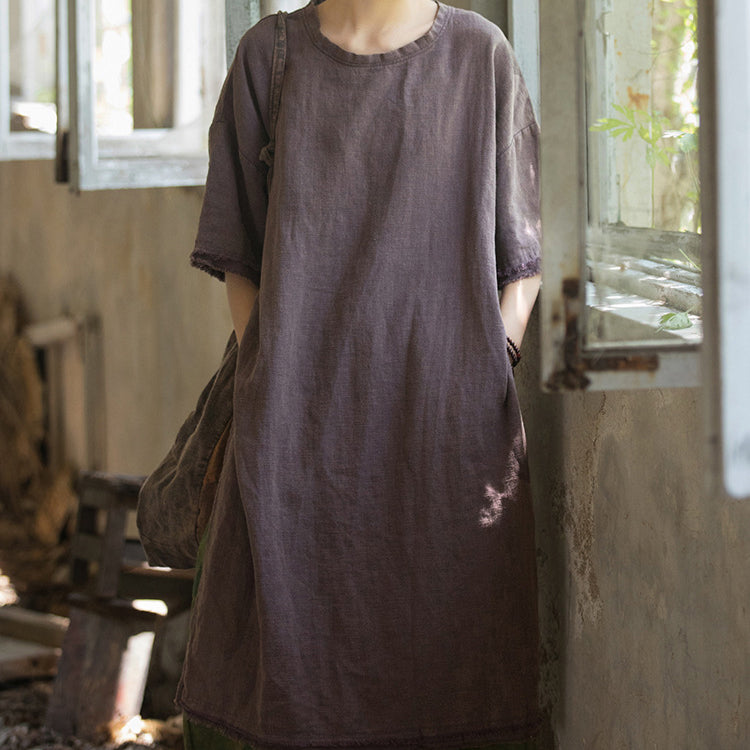 Loose Cotton Linen Dress, Vintage Casual Cotton Linen Washed Dresses