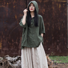 Casual cotton linen hooded shirt, cotton linen loose casual shirtplus size