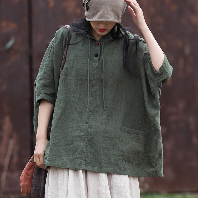 Casual cotton linen hooded shirt, cotton linen loose casual shirtplus size