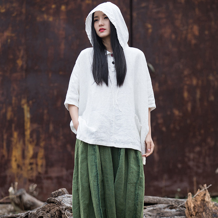 Casual cotton linen hooded shirt, cotton linen loose casual shirtplus size