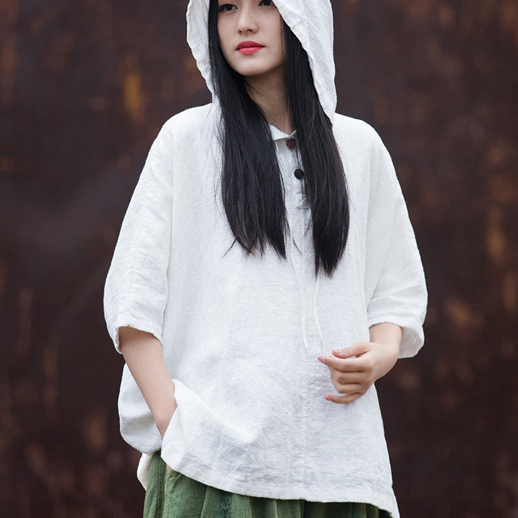 Casual cotton linen hooded shirt, cotton linen loose casual shirtplus size