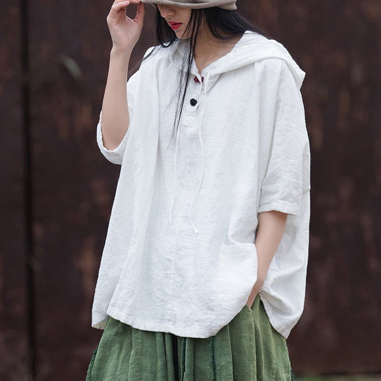 Casual cotton linen hooded shirt, cotton linen loose casual shirtplus size