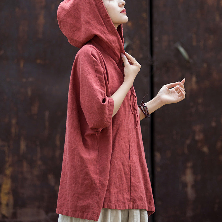 Casual cotton linen hooded shirt, cotton linen loose casual shirtplus size