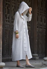 Loose Cotton Linen l Hooded Dress, Vintage Casual Cotton Linen Washed Dresses