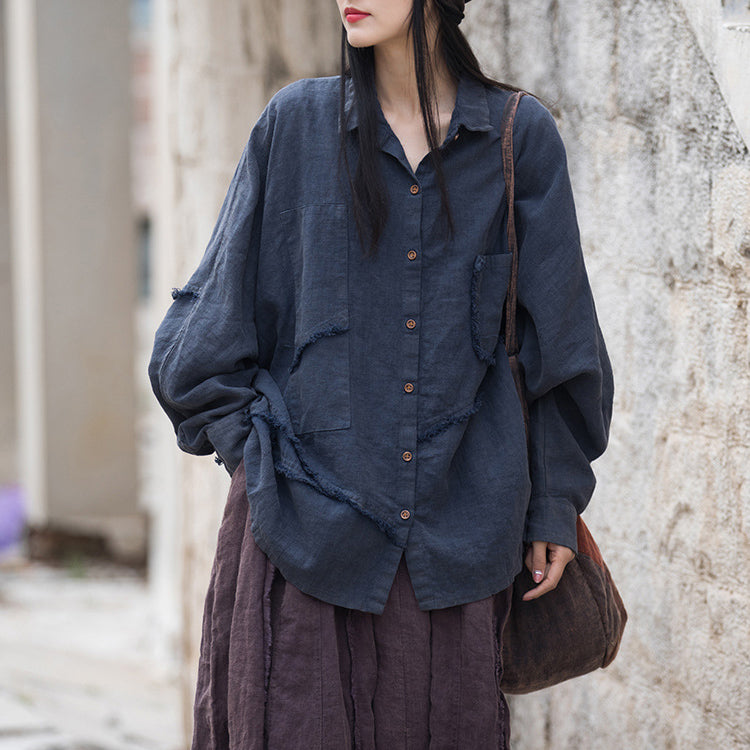 Women's Loose Cotton Linen Shirt, Vintage Casual Cotton Linen Washed Jacket Plus Size