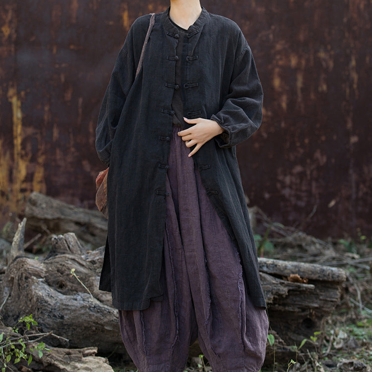 Women's Loose Cotton Linen Long Shirt, Vintage Casual Cotton Linen Washed Jacket Plus Size