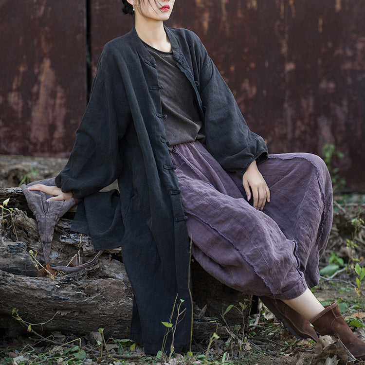 Women's Loose Cotton Linen Long Shirt, Vintage Casual Cotton Linen Washed Jacket Plus Size
