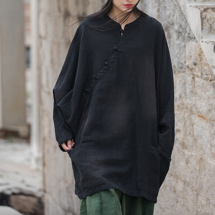 Loose Cotton Stonewashed Shirt Plus Size, Vintage Frog Button Stand Collar Cotton Linen T-Shirt