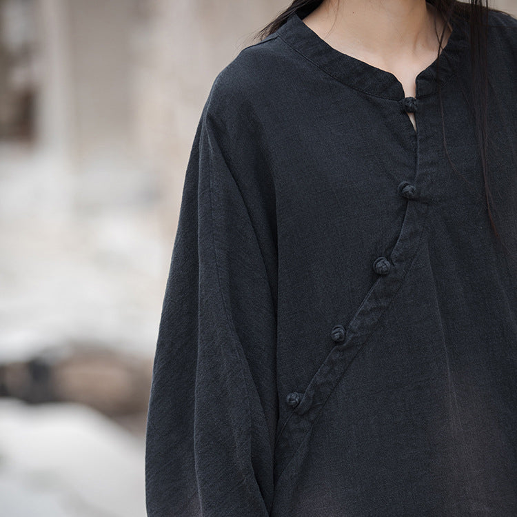 Loose Cotton Stonewashed Shirt Plus Size, Vintage Frog Button Stand Collar Cotton Linen T-Shirt